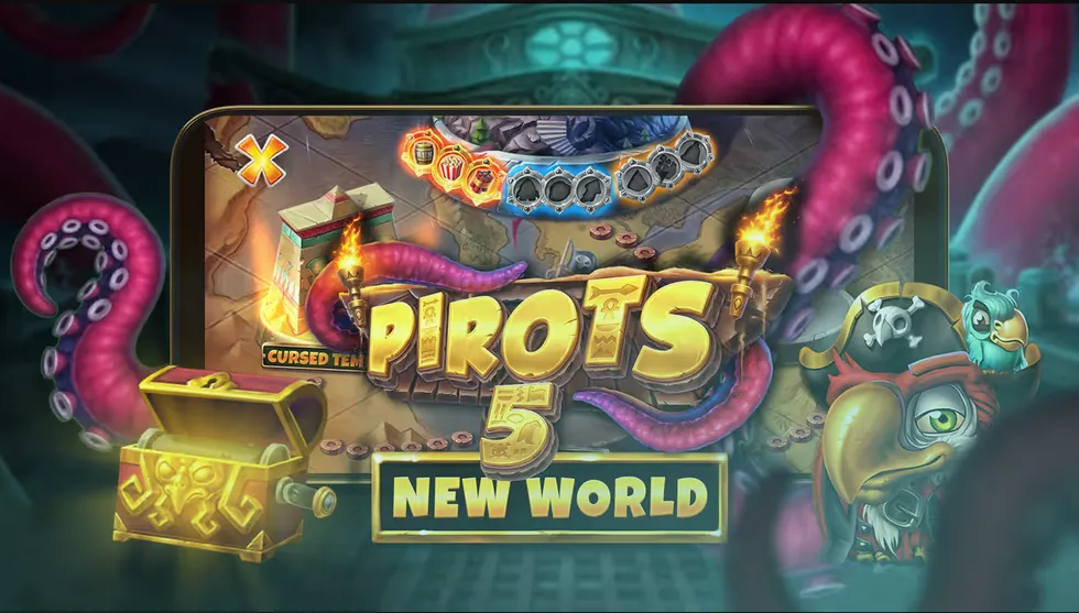 Pirots 5 The Kraken i mobilen med vÀrldsvÀljaren Cursed Temple högst upp
