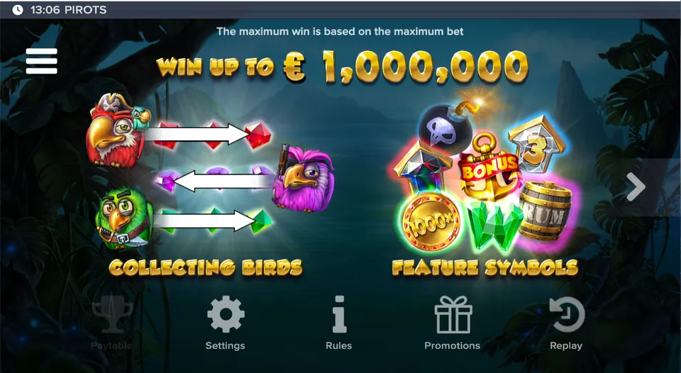 InfoskÀrm i Pirots: vinst upp till 1 000 000 EUR, samlande fÄglar och feature-symboler