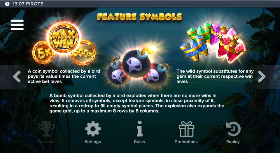 InfoskÀrm över feature-symbolerna i Pirots: mynt, bomb och wild