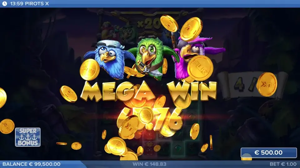 Pirots X mega vinst-skÀrm med vinstanimation