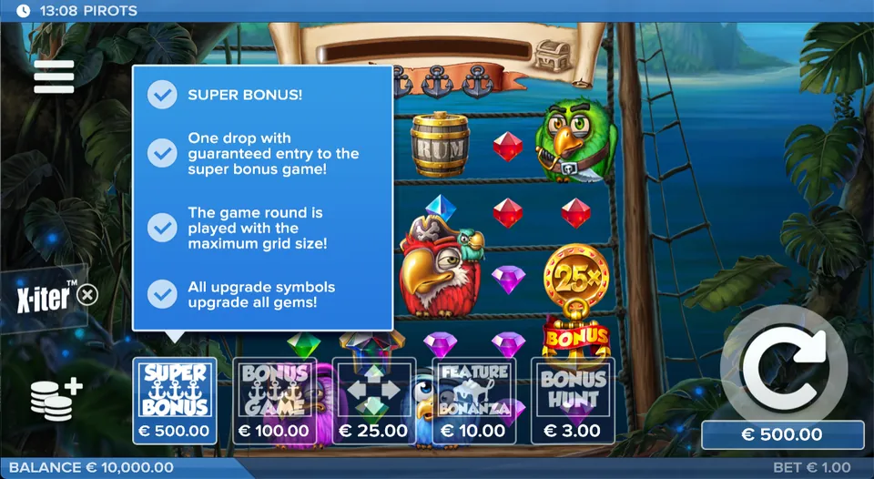 X-iter-menyn i Pirots med Super Bonus, Bonus, Super Spin, Feature-drop och Bonus Hunt